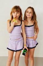 Load image into Gallery viewer, Teddy Lavender Heart Pointelle Shorts with Navy Lace  | THEME NYC
