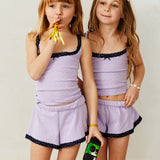 Teddy Lavender Heart Pointelle Shorts with Navy Lace  | THEME NYC